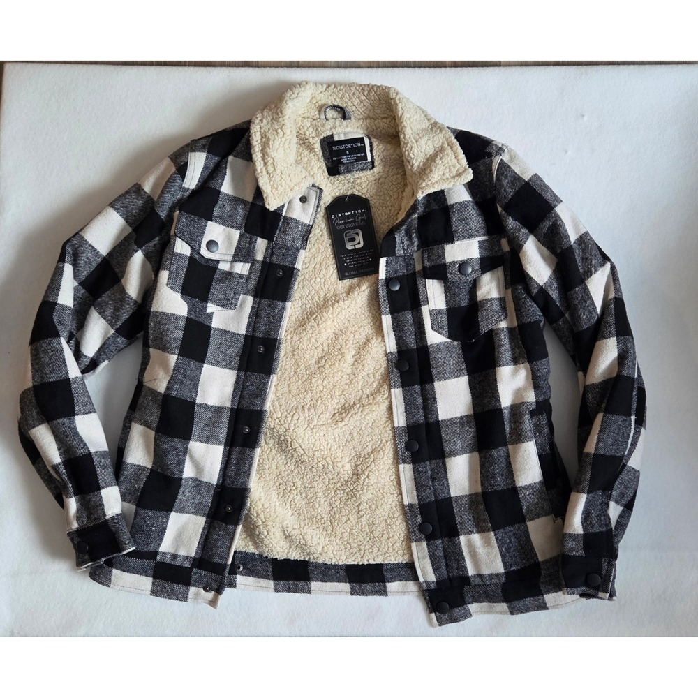 Distortion Black White Buffalo Plaid Sherpa Lined Trucker Jacket Small NWT